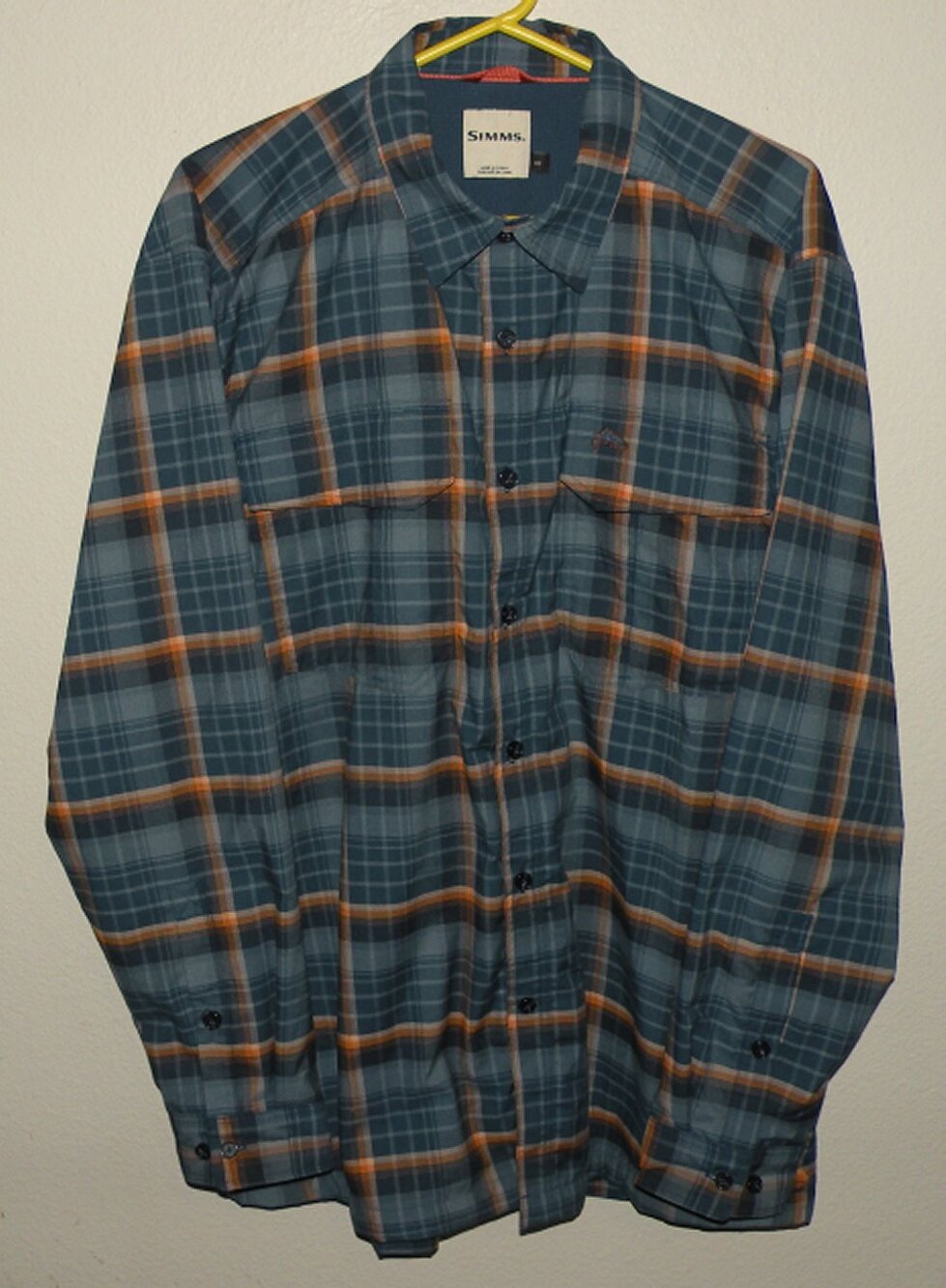 Simms Men’s Large LS Waffle Knit Thermal Lined Button Shirt Blue Plaid Fishing